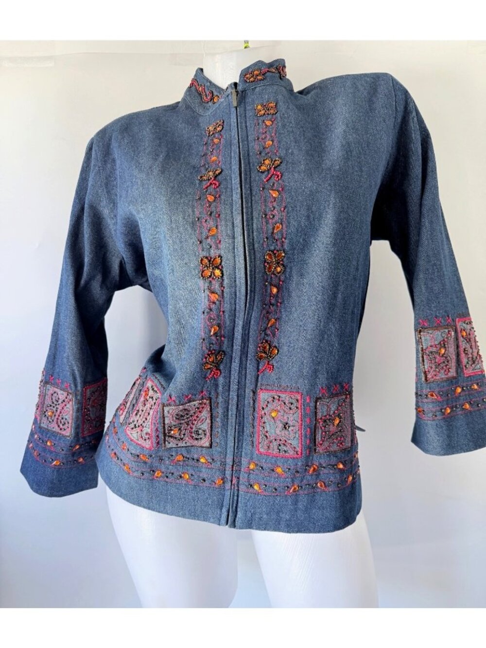 Drapers & Damons Cotton Denim Zippered Embroidered Blazer Womens Petite Medium